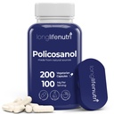 LongLifeNutri Policosanol 100mg - 200 Capsules végétariennes, Supplément de canne à sucre naturel pour le cholestérol équilibré, alimentation de 3 mois, non-OGM, laboratoire testé, fabriqué aux États-Unis