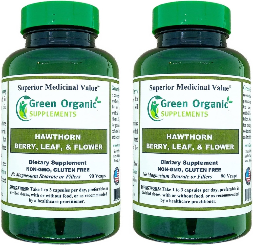 Green Organic Supplements Hawthorn Berry Capsule, Foglia, Fiore, Hawthorn Supplementi Contiene 90 capsule, Natural Hawthorn Herbs for Cardiovascular Health & Natural Heart Care (Pack of 2)
