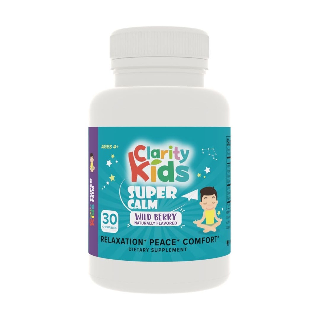 Clarity Kids Super Calm | Magnesium Kaubares Vitamin für Kinder Komfort Fokus und Entspannung | Alle natürlichen Kalorien Ergänzung mit L-Theanine | USA Made | 30 Piece