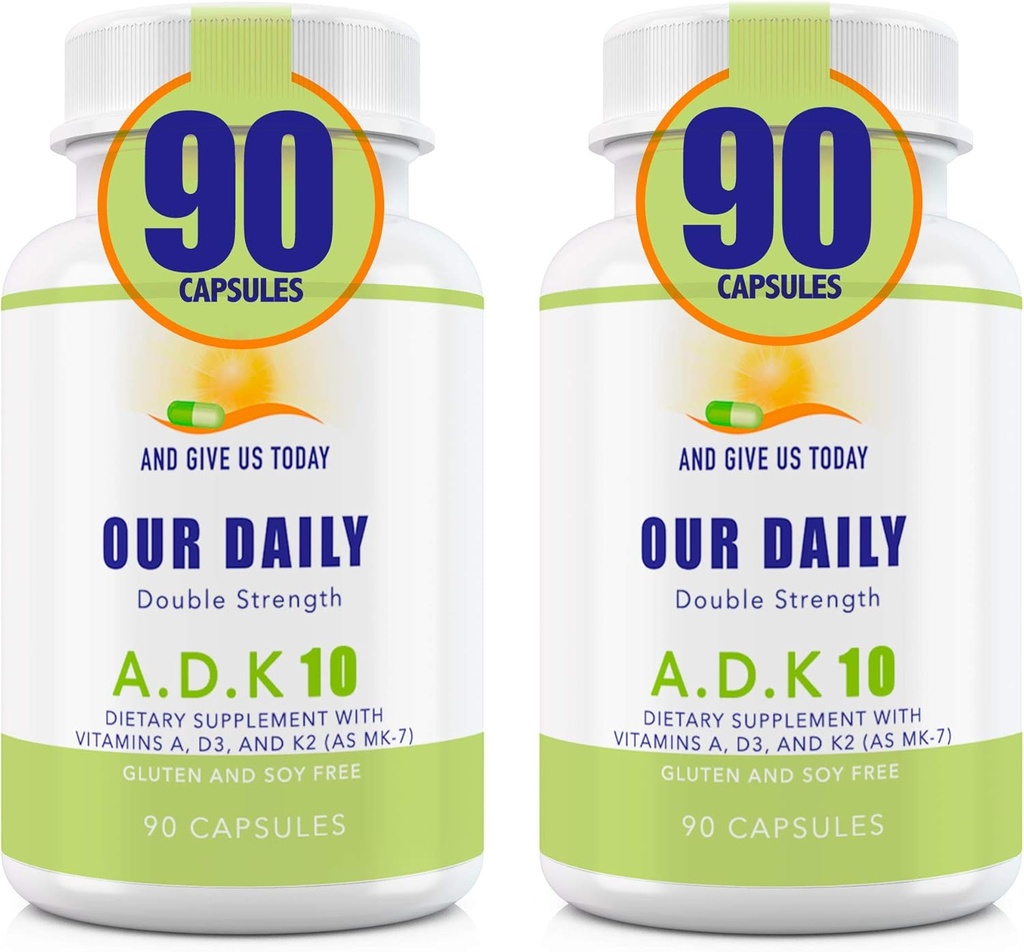 Our Daily Vites ADK 10 Double Strength (10,000 iu) Vitamins A1, D3 & K2 (as MK7) - Physician Formulated Bone & Immune System Support - Gluten Free, Non GMO - 180 Vegetarian Capsules