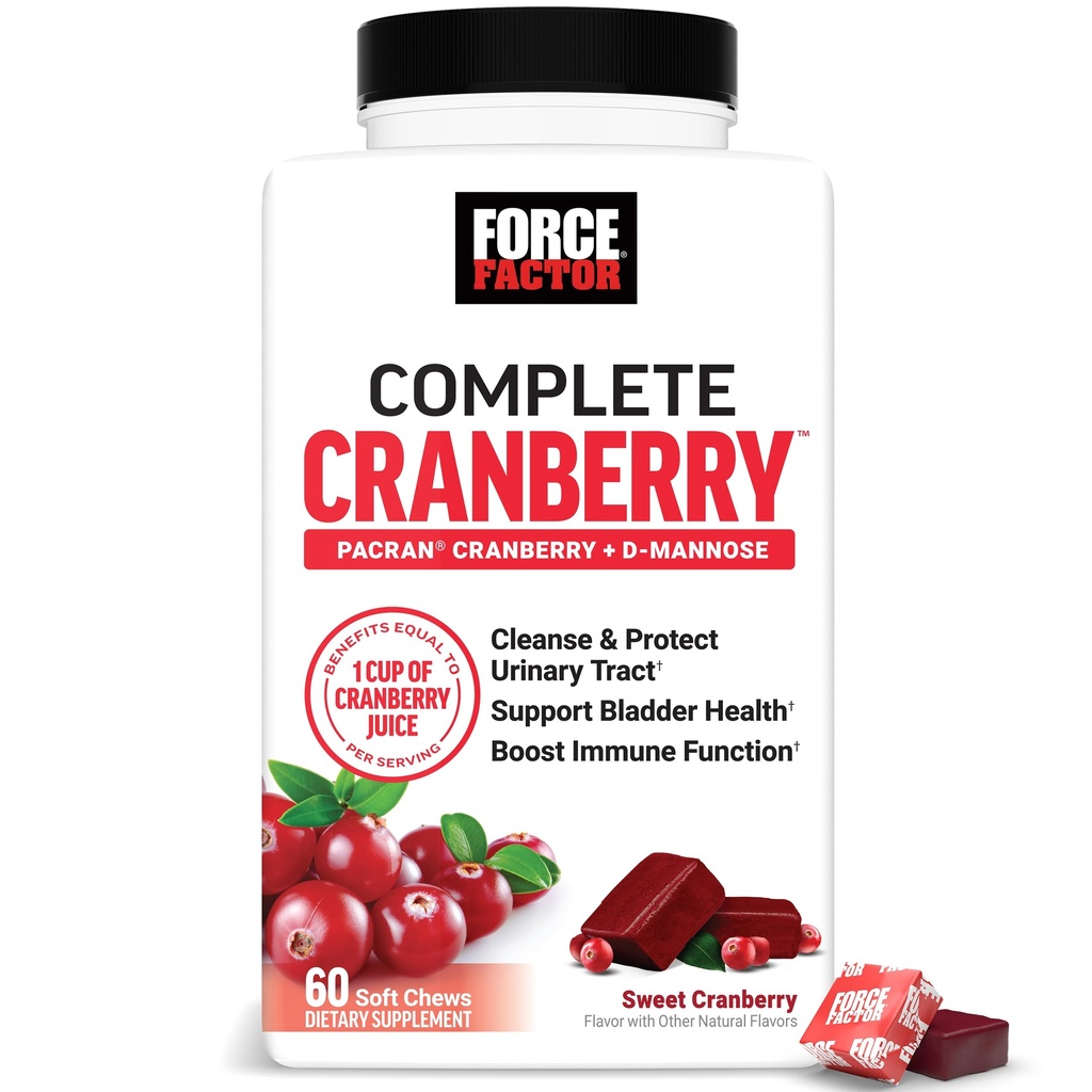 FORCE FACTOR Cranberry Soft Chews, supplemento di mirtillo con D Mannose e estratto di mirtillo per sostenere la vescica e la salute del tratto urinario per le donne, Vegan, aroma di mirtillo dolce, 60