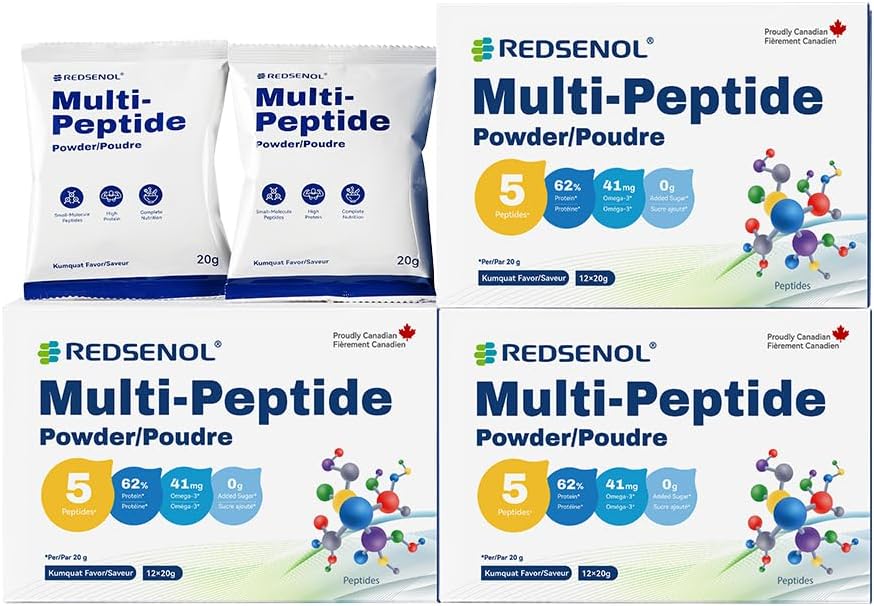 Poudre multi-peptides, 5 peptides à petites protéines moléculaires: Soy, Ovalbumin, Whey, Cucumber de mer et Peptides chiitake, 100 % Absorption, 62 % Protéines, Oméga 3 et 6, Vitamines et minéraux (3 boîtes)