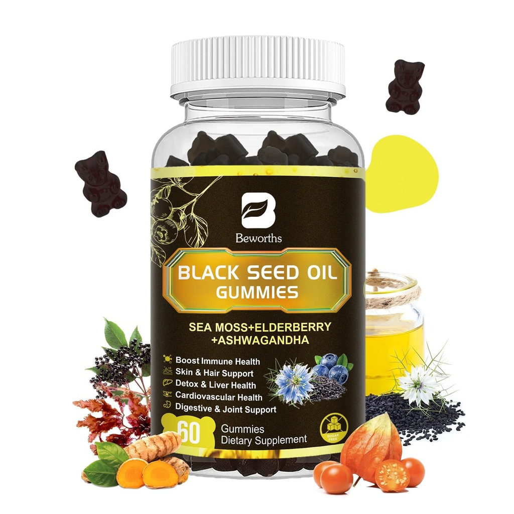 Black Seed Oil & Sea Moss Gummies | Irish Sea Moss Gummy mit Ashwagandha, Black Seed Oil, Elderberry, Turmeric, Vitamin D3, C, Zink - Unterstützung Immunität, Gelenke, Verdauung, Haarwachstum - 60