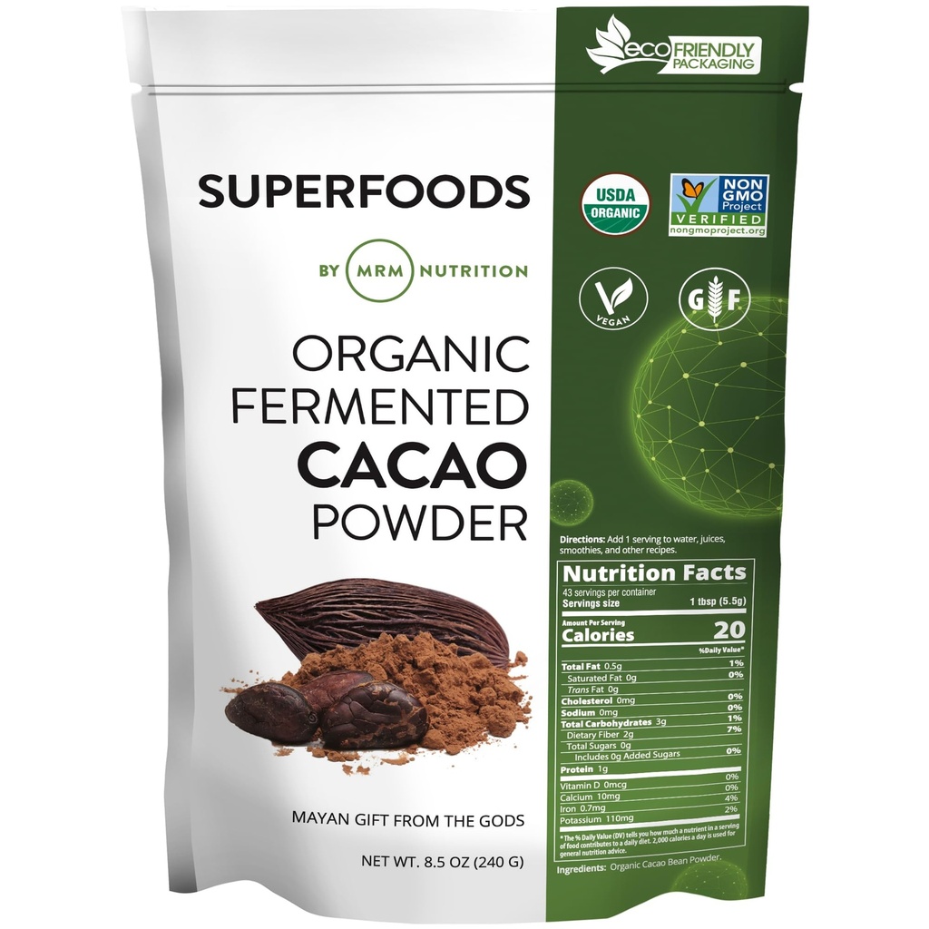 MRM Nutrition Organic Fermented Cacao Powder | Superfood | Antioxidant-rich | Glutenfrei + vegan | 43 Portionen