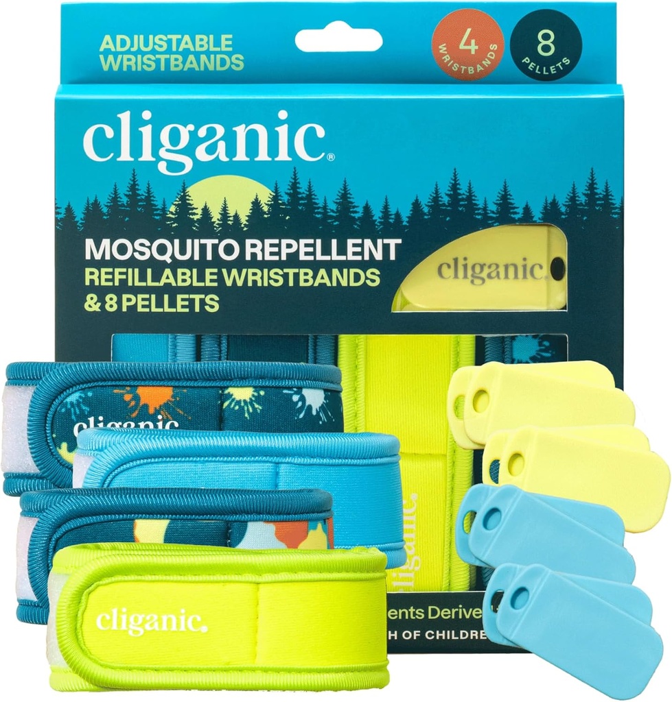 Confezione Ripellente Cliganic Mosquito (4 fascette + 8 pellet di ricarica) - Regolabile, Naturale DEET-Free, Olio essenziale infuso