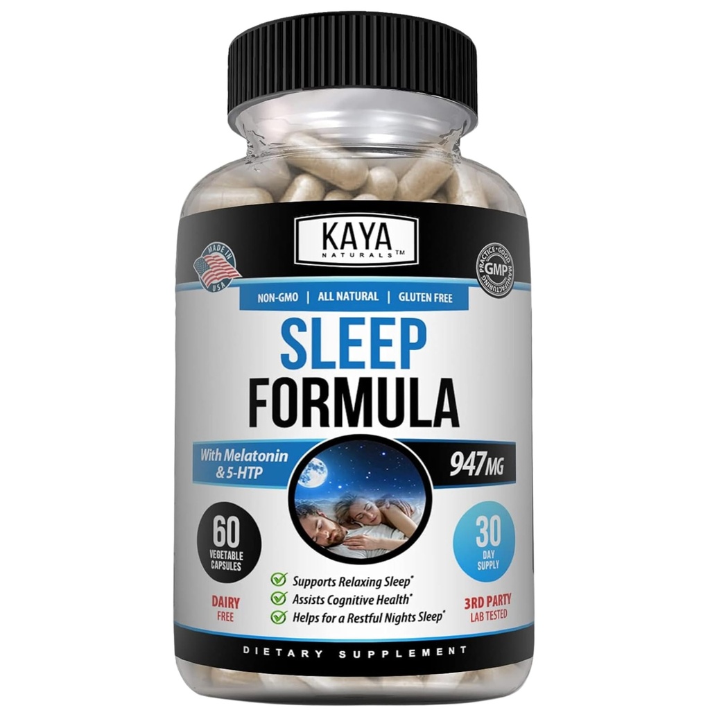 Kaya Naturals - Schlafunterstützung Formel mit Melatonin - Hilfe Unterstützung Vitamin Supplement - Schlaf Stress und Stimmung Unterstützung - L-Tryptophan, Leidenschaft Blume, Ashwagandha und mehr - 60 Kapseln (60 Count)