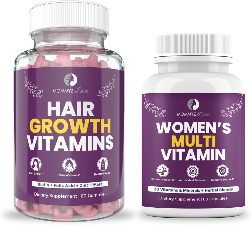 Momz Amore Postpartum Perdita di capelli Vitamina - Biotin Gummies per la crescita dei capelli, la pelle radiosa e le unghie forti Plus Womens Daily Multivitamins per la salute delle donne, l'energia, il fuoco e l'umore