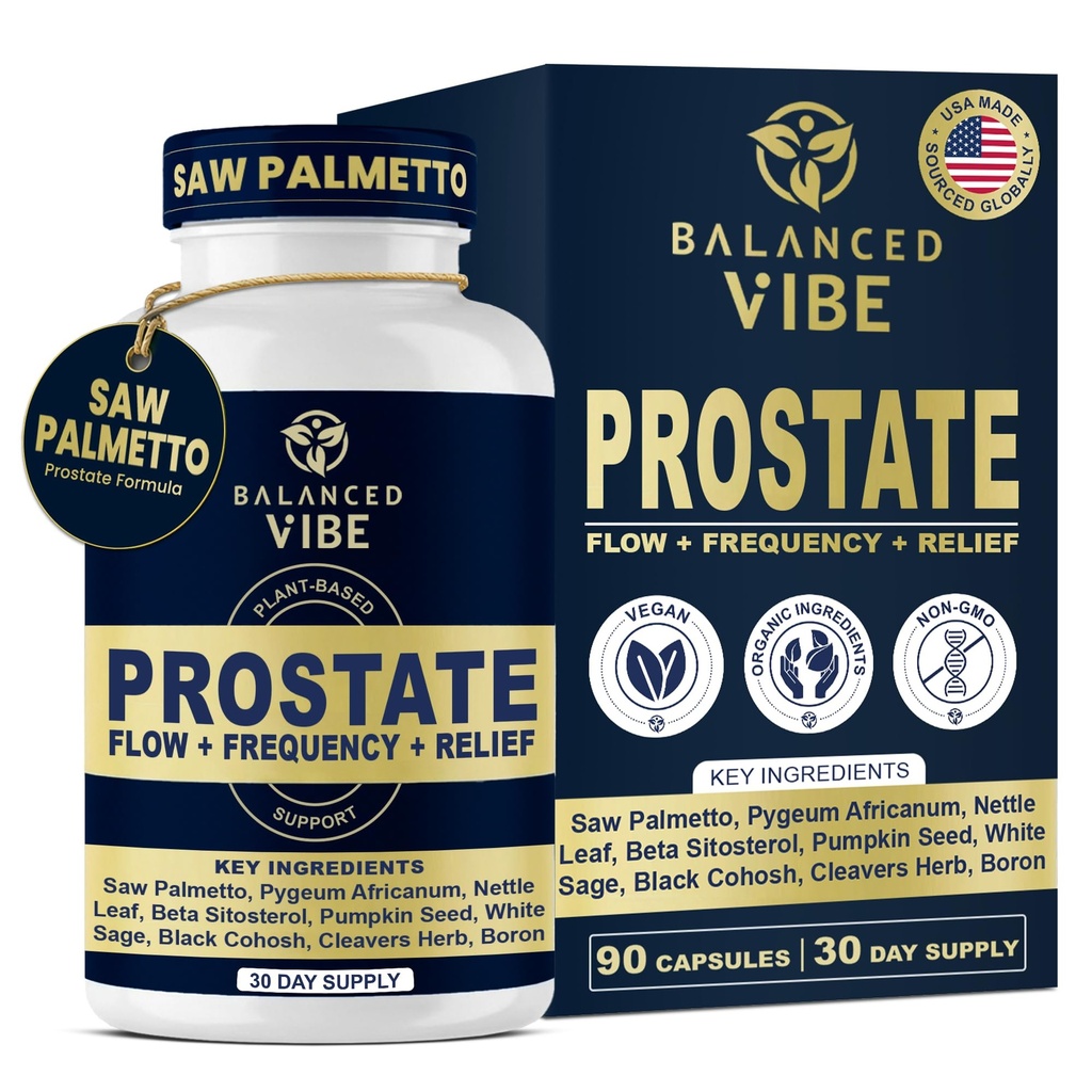 Balanced Vibe Prostate Support Supplement für Männer | Organic Plant-Based Formel mit Säge Palmetto, Pygeum & Beta-Sitosterol | Unterstützt Flow & Komfort, Tag und Nacht | 90 Vegan Kapseln