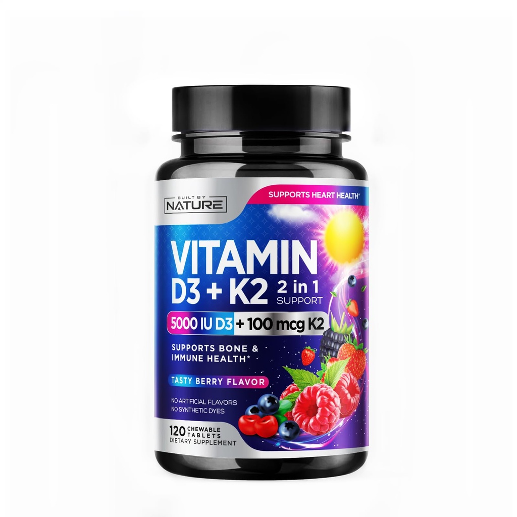 Vitamin D3 K2 – Kaubares Vitamin D 5000 IU & K2 MK-7 100 mcg – 2 in 1 Vitamin D K2 Zusatzkröte - Immun-, Herz- und Knochenunterstützung – Non GMO - Tasty Berry Flavor - 120 Kautabletten