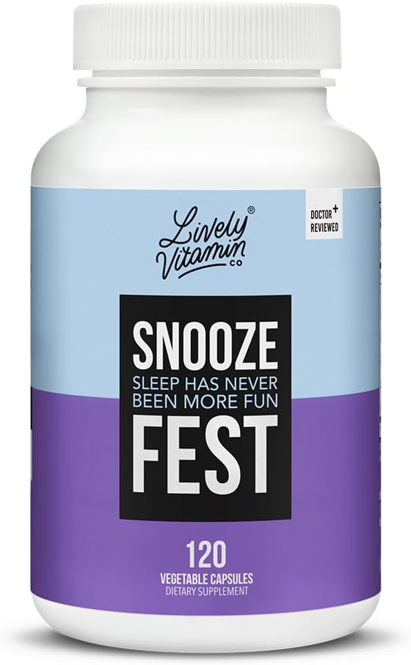 LIVELY VITAMINA CO Snooze Fest - Full REM Cycles - Balanced Sleep - Relax Body & Mind - Rest & Recovery - GABA - Chamomile - Melatonin - Tryptophan - Valerian Root - Lemon Balm - Poppy - 120 Count