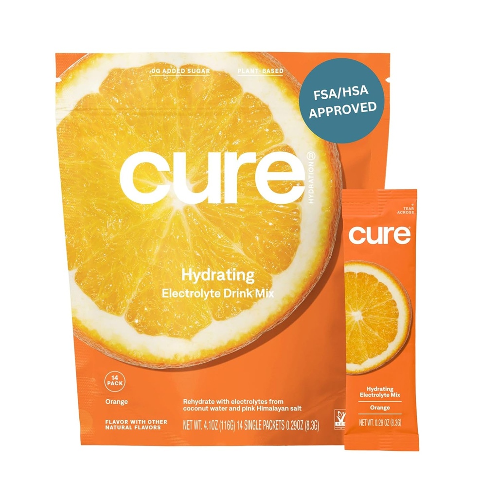 Cure mélange d'électrolyte hydratant: Poudre pour le soulagement de la déshydratation: FSA & HSA Admissibilité: Fabriqué avec de l'eau de coco: Pas ajouté de sucre: Vegan: Paléo Friendly: Pouch of 14 Packets - Orange