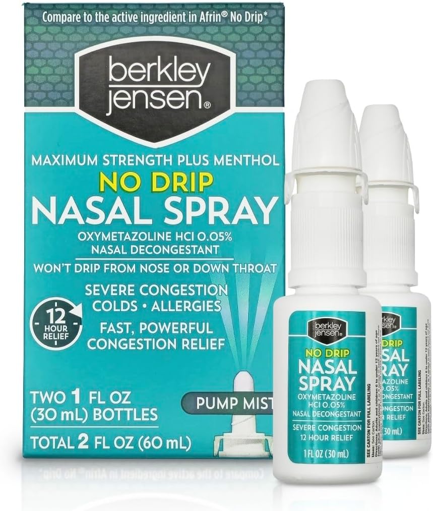 berkley jensen No Drip Severe Congestion Nasal Spray - Massima resistenza Decongestant con Oxymetazoline HCl & Menthol - Pump Mist Applicator, No steroide, 12 ore di sollievo, 1 oncia fluidale (pacchetto di 2)