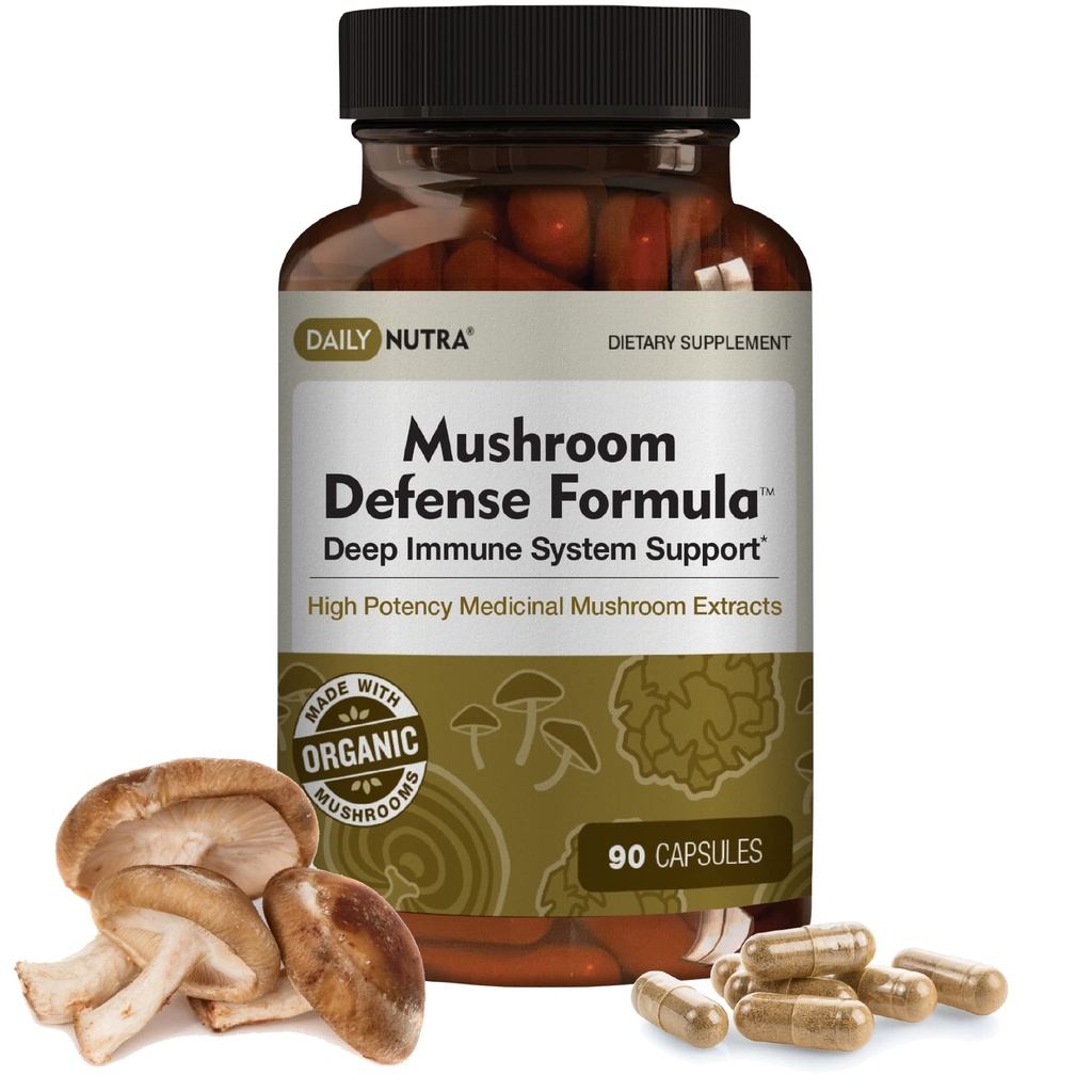 DailyNutra Mushroom Defense Formula - Integratore di supporto immunitario | Funghi organici, Acqua calda estratta - Reishi, Chaga, Maitake, Shiitake & Turkey Tail (90 capsule)