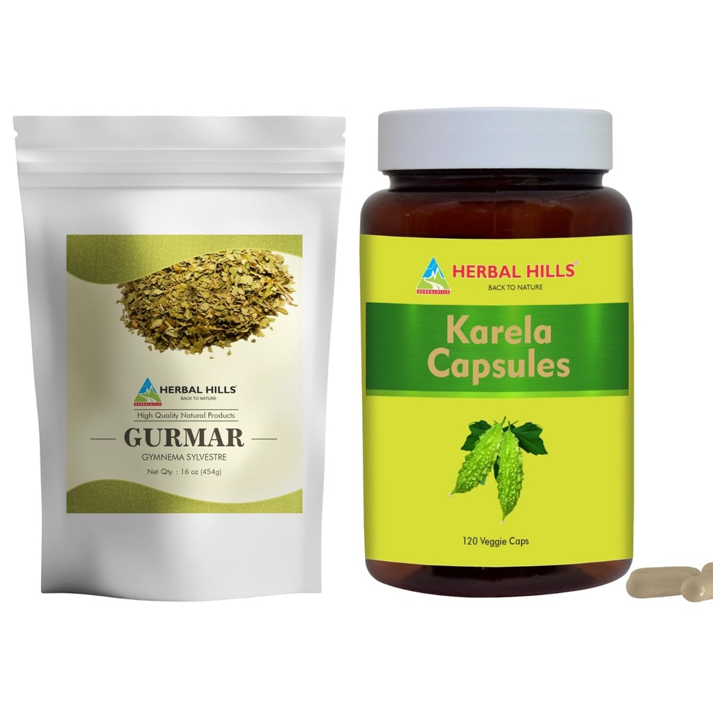 HERBAL HILLS Gurmar Teepulver und Karela Kapseln Pack von 2 Combo
