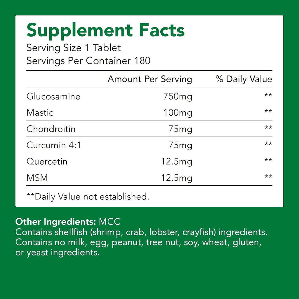 Premium Glucosamin + Chondriotin + MSM + Mastic + Curcumin (750mg) | Knochen & Gelenkgesundheit (1 Flasche-180 Kapseln-6mo Versorgung) | Vitamin für Gelenkunterstützung | Non-GMO & Gluten Free