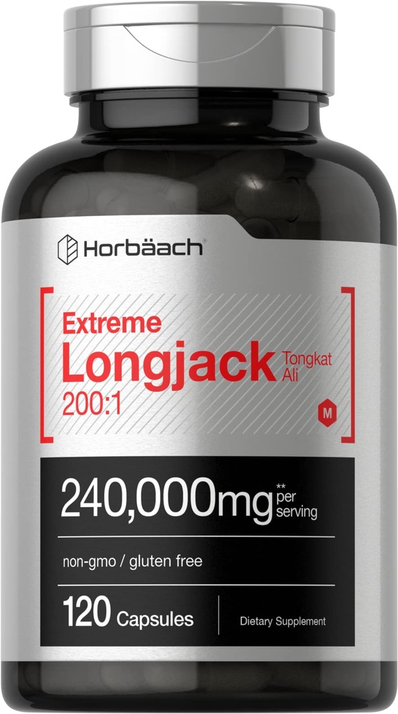 Horbäach - Longjack Tongkat Ali | 240.000 mg (200:1 Potent Extract) | 120 capsule | Extreme Male Performance Supplement | Super Concentrated Herbal Extract Formula | Non-GMO & Gluten Free Pills