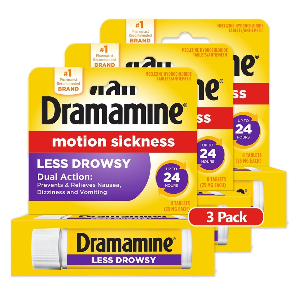 Dramamine toute la journée moins somnolence, soulagement de la maladie des mouvements, 8 comtes, 3 paquets