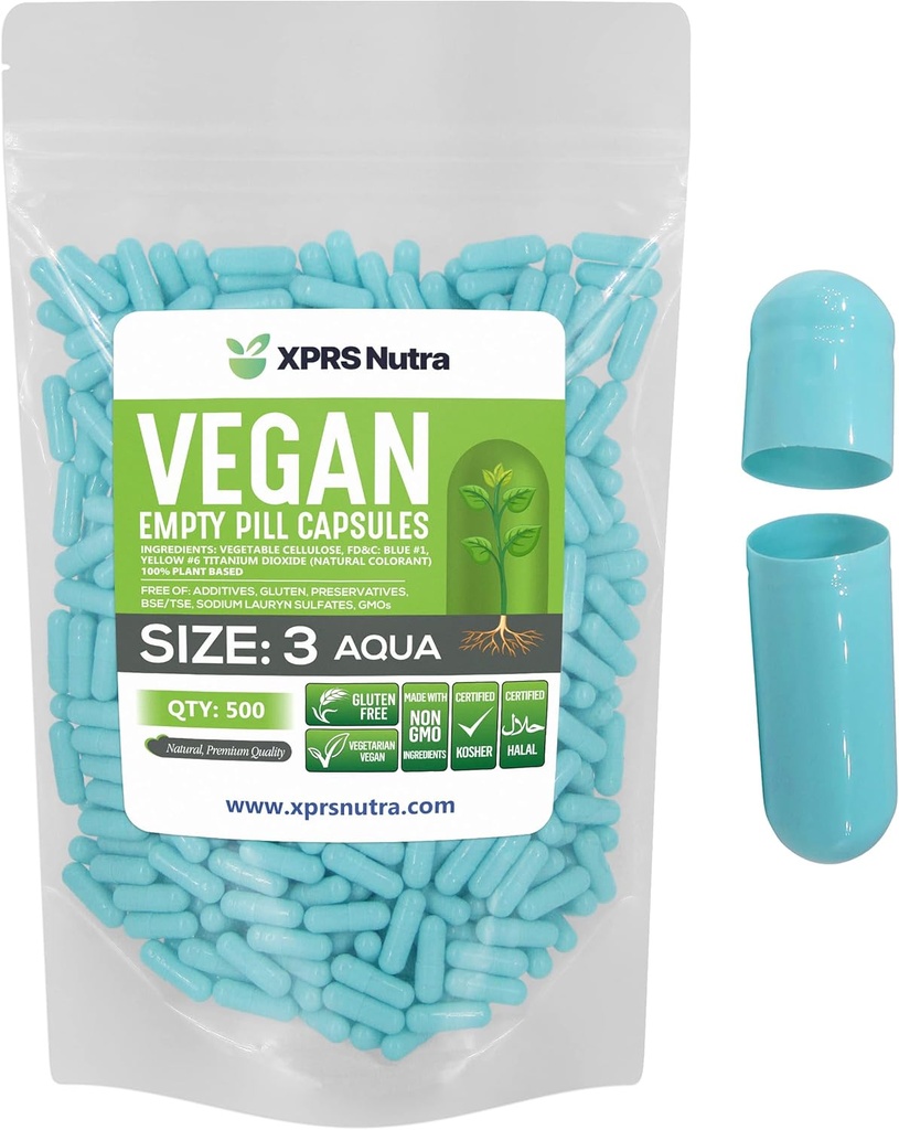 XPRS Nutra Size 3 capsule vuote - 500 conta pillole vegane vuote - Pillola vegetariana - capsula vegetale fai da te Filling- Veggie Pill Caps (Aqua)