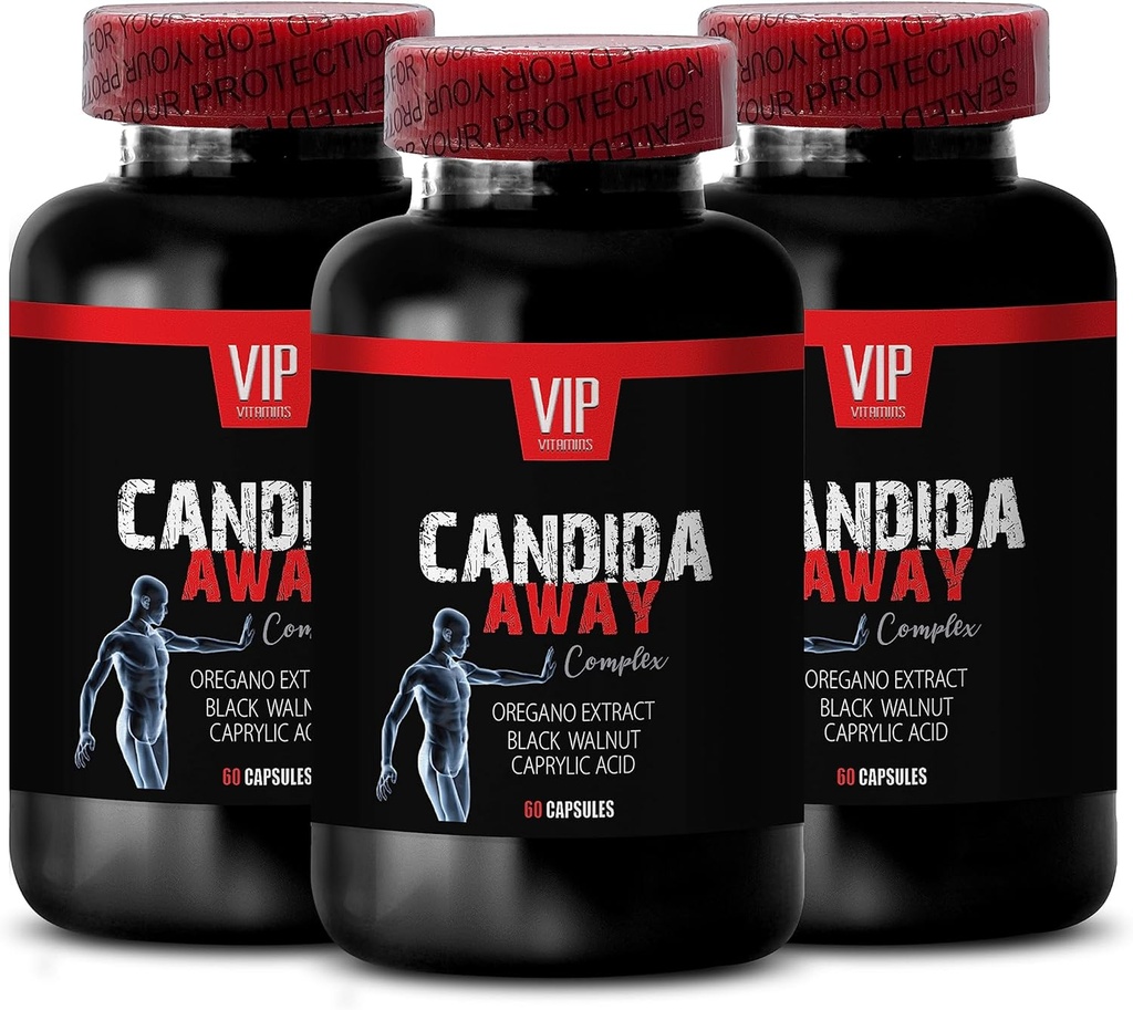 extrait de noix noires, complexe de flore intestinale processus standard - CANDIDA AWAY COMPLEX - extrait de feuille d'aloe vera, acide caprylique, amplificateur immunitaire, capsules d'huile d'origan biologique super résistance - 3 Bot 180 Caps