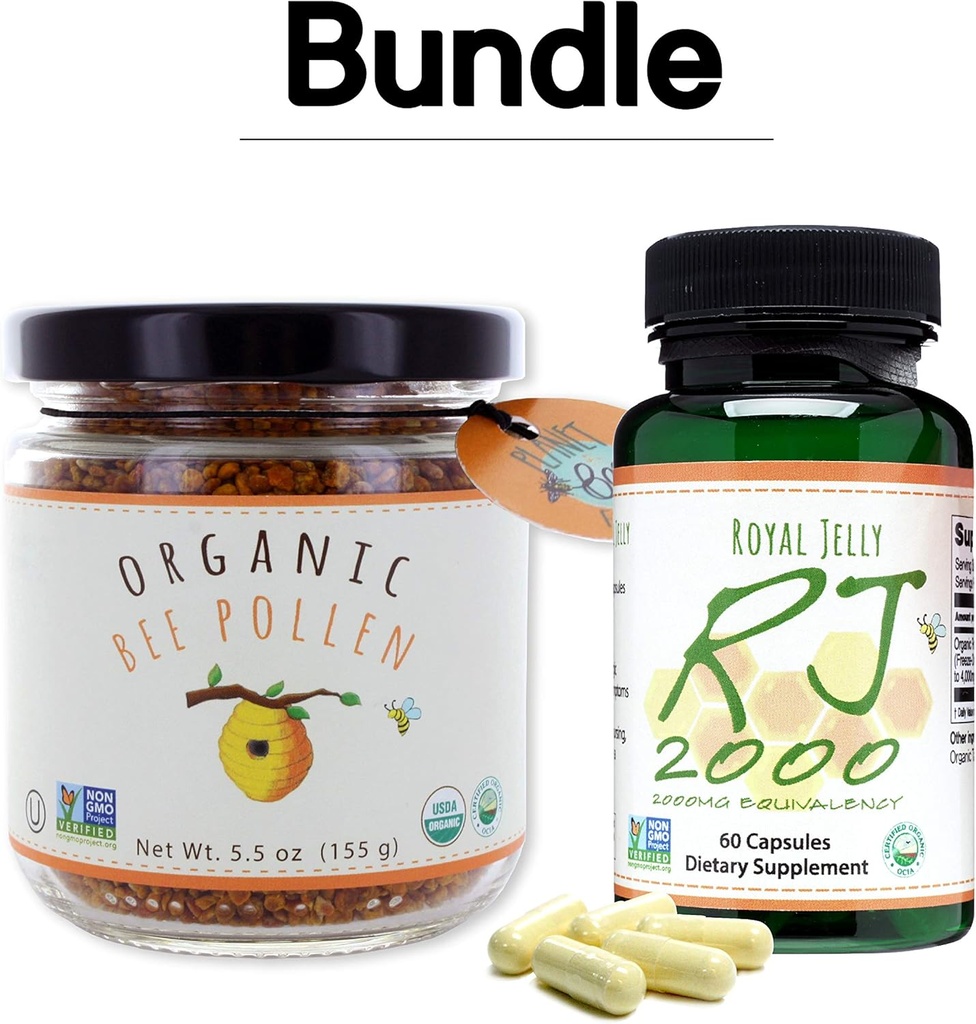 Pollen d'abeille biologique Greenbow - 100% USDA Certifié Pollen d'abeille biologique, pure, naturelle - Superaliment emballé avec des protéines, vitamines et minéraux - 155g Jelly Royal 2000mg 60 capsules