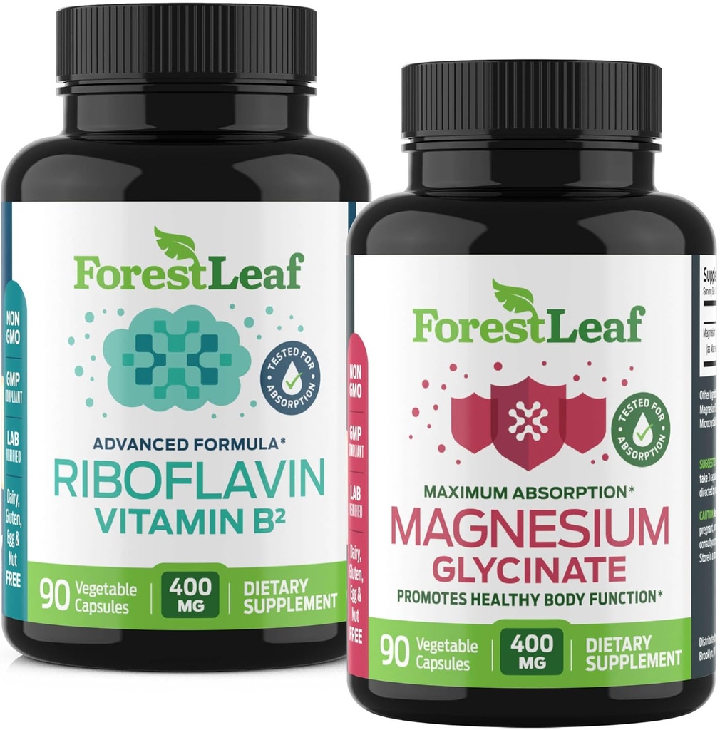 ForestLeaf Riboflavin & Magnesium Migraine Supplement - Riboflavin 400mg für Kopfschmerzen Relief - Ultimate Magnesium Glycinate Bundle mit B2 Vitamin 400mg für Kopfschmerzen Migraine Relief Kapseln