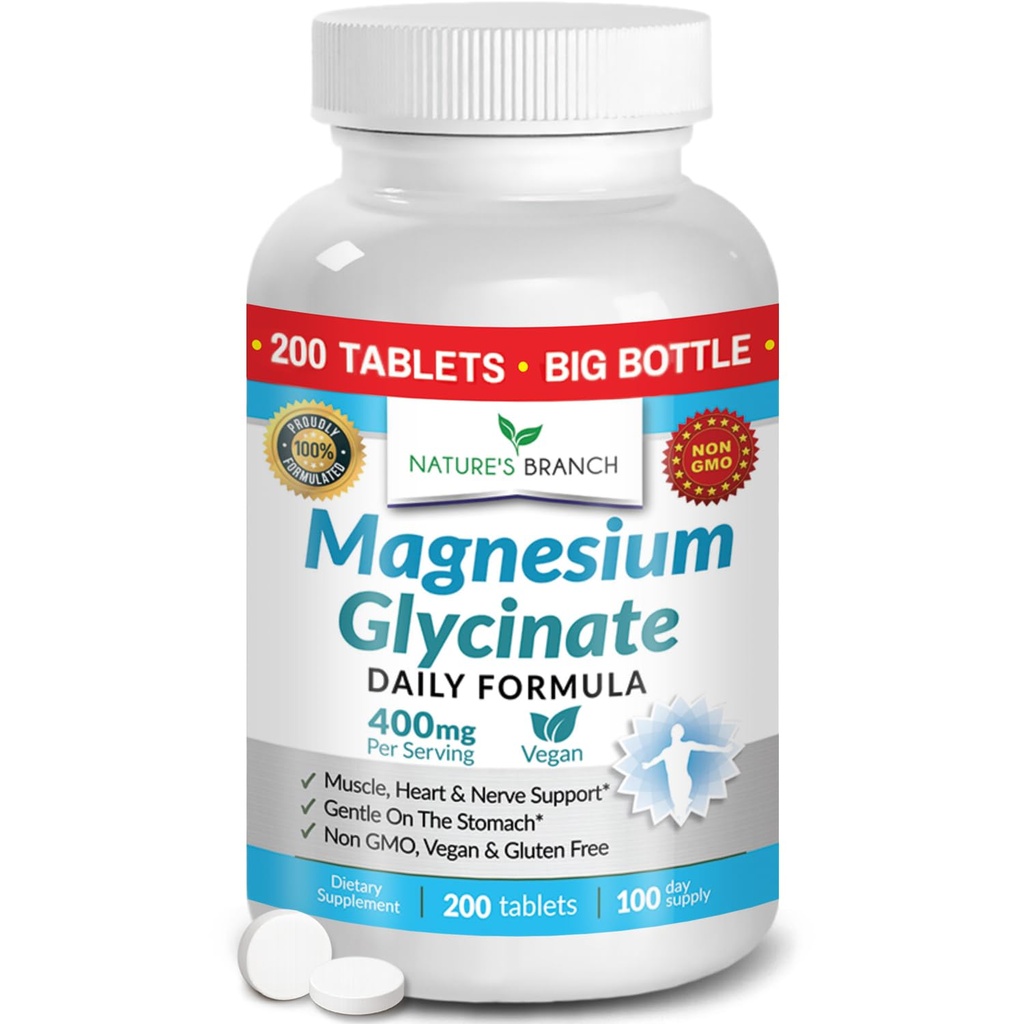 Magnésium Glycinate 400 mg - 200 Comprimés - Absorption élevée, Supplément de Mag Bisglycinate Non Buffered pour le sommeil, les crampes des jambes, le coeur, les muscles de la facilité, les maux de tête calmés pour les femmes et les hommes, Capsules non en poudre