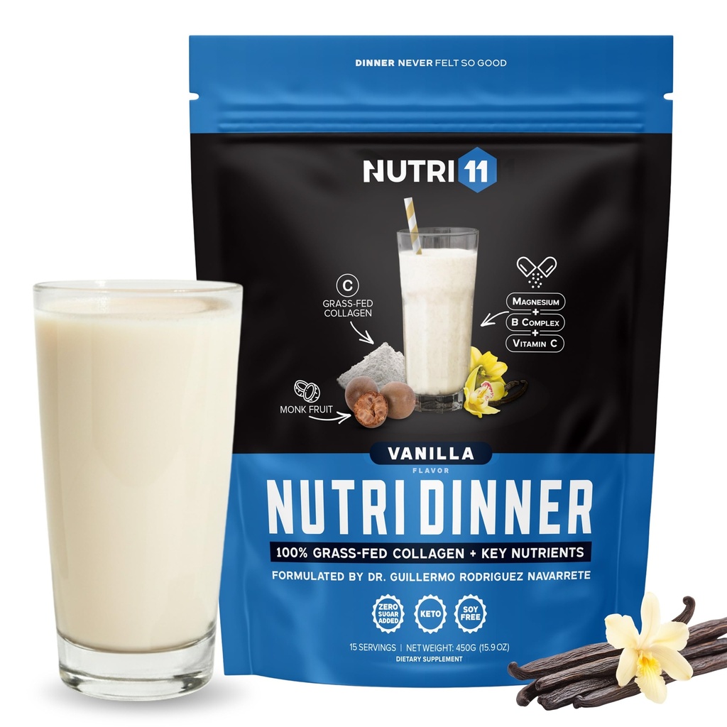 NutriDinner de Nutrirlermo (en poudre de protéines de collagène à l'herbe) Collagène avec Magnésium B-Vitamines (en supplément de collagène pour le sommeil et la récupération (14,9, Vanille)