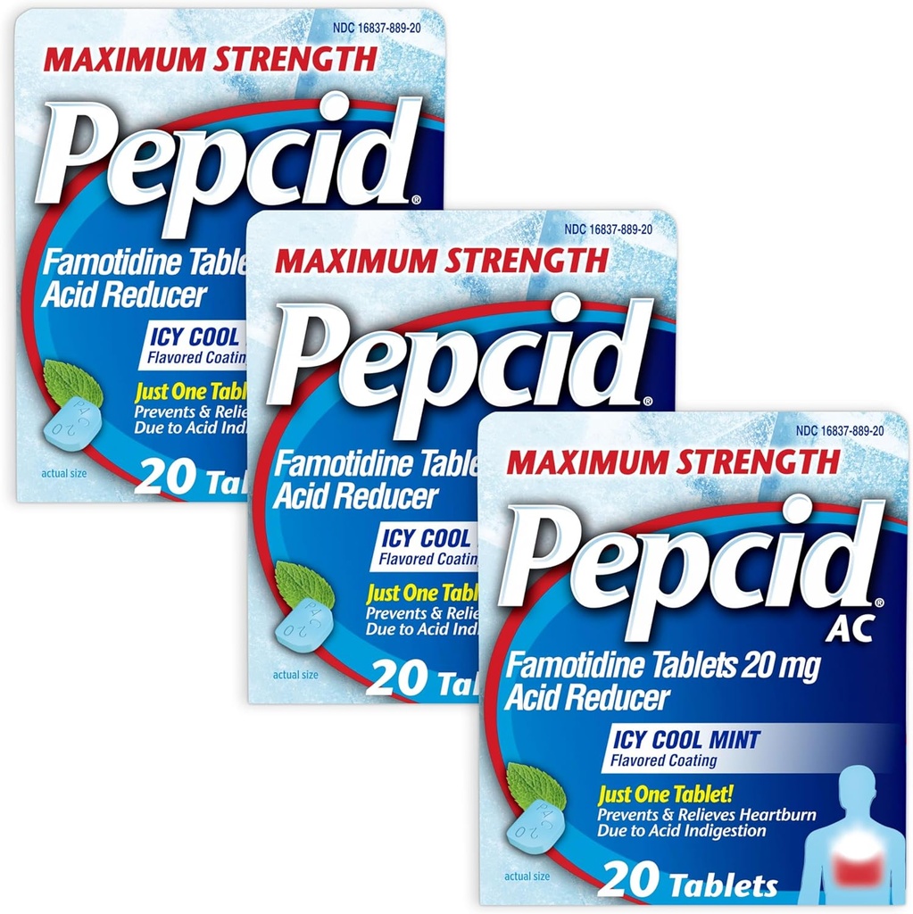 Pepcid AC Massima resistenza Rilievo di stomaco compresse, Previene & Allevia Riflusso di stomaco & acido a causa di indigestione acida, 20 mg Famotidina, ICY Cool Mint Flavor, Multipack, 3 x 20 ct
