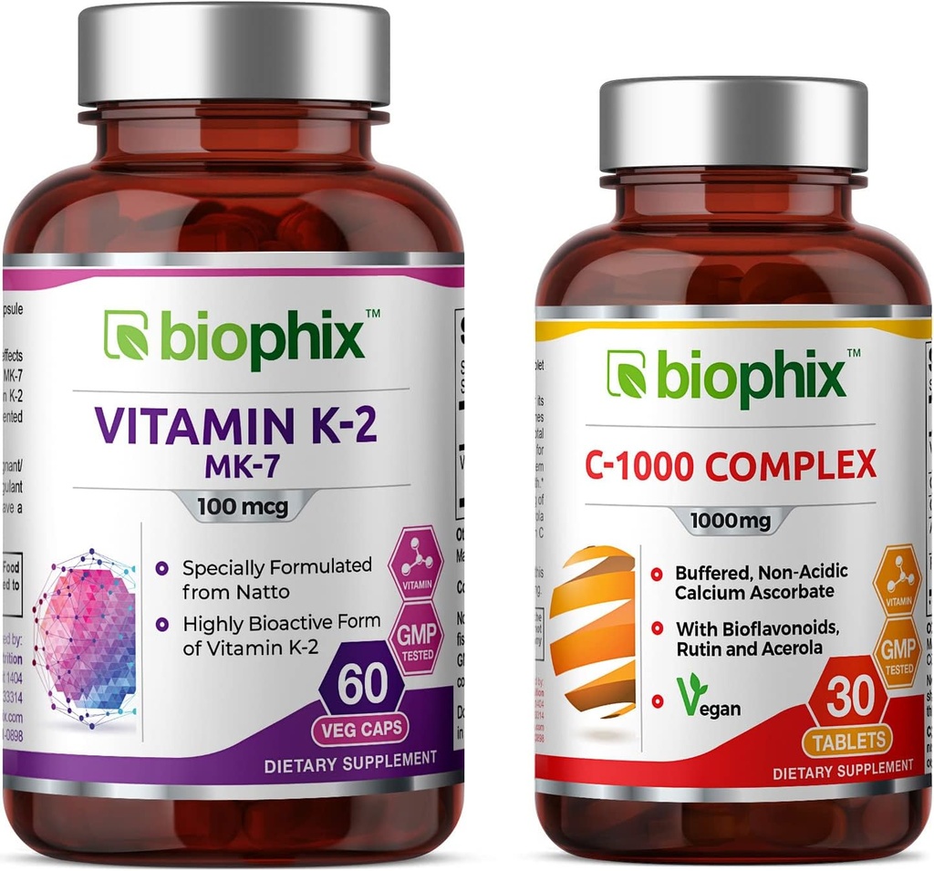 biophix Vitamine K2 MK-7-100 mcg 60 - Vitamine C-1000 30 Comprimés - Soutient la santé immunitaire des os forts