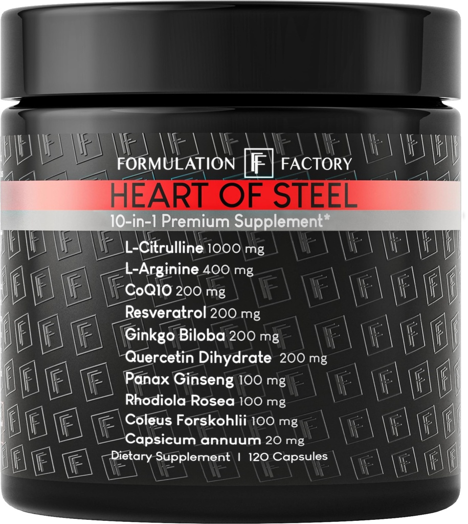 Fabbrica di Formulazione Cuore d'acciaio: 10-in-1 Massimizzatore metabolico Integratore Nitrico Ossido, Supporto per la pressione sanguigna, L Arginina, L Citrullina Pre-allenamento naturale: Gestione dell'energia 120 Conte