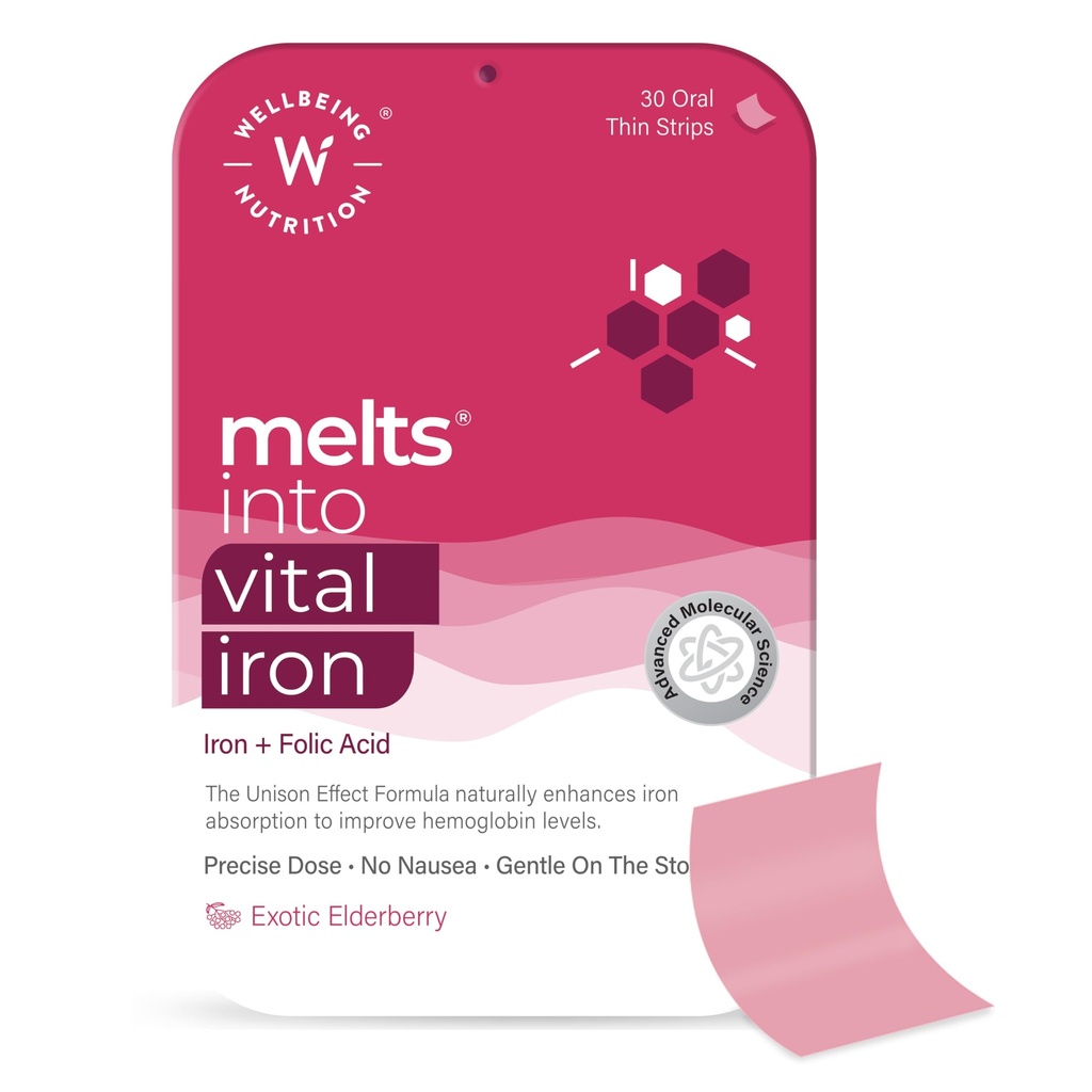 SELLBEING NUTRITION Melts Nano Iron (Fron à base de plantes, Beetroot, Cord suisse, Graines de citrouille, vitamine C et folate pour l'amélioration de l'hémoglobine, de la capacité de liaison à l'oxygène et de la construction de sang (30 bandes orales)
