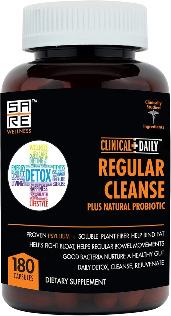 Clinical Daily Regular Cleanse Plus Natural Probiotic - Colon Cleanse & Gut Detox Supplement - Assists with Energy and Constipation Relief - Kräuterdiät Fiber Psyllium Husk Capsules - 180 Count