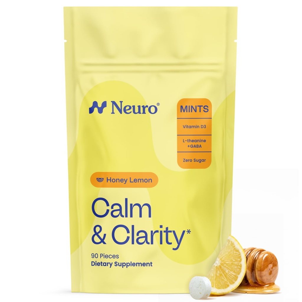 NeuroGum Calm & Clarity Mints (Limone di miele, 90 pezzi) | GABA + L-teanina + vitamina D3 | Zucchero Mood & Stress Relief Supplemento