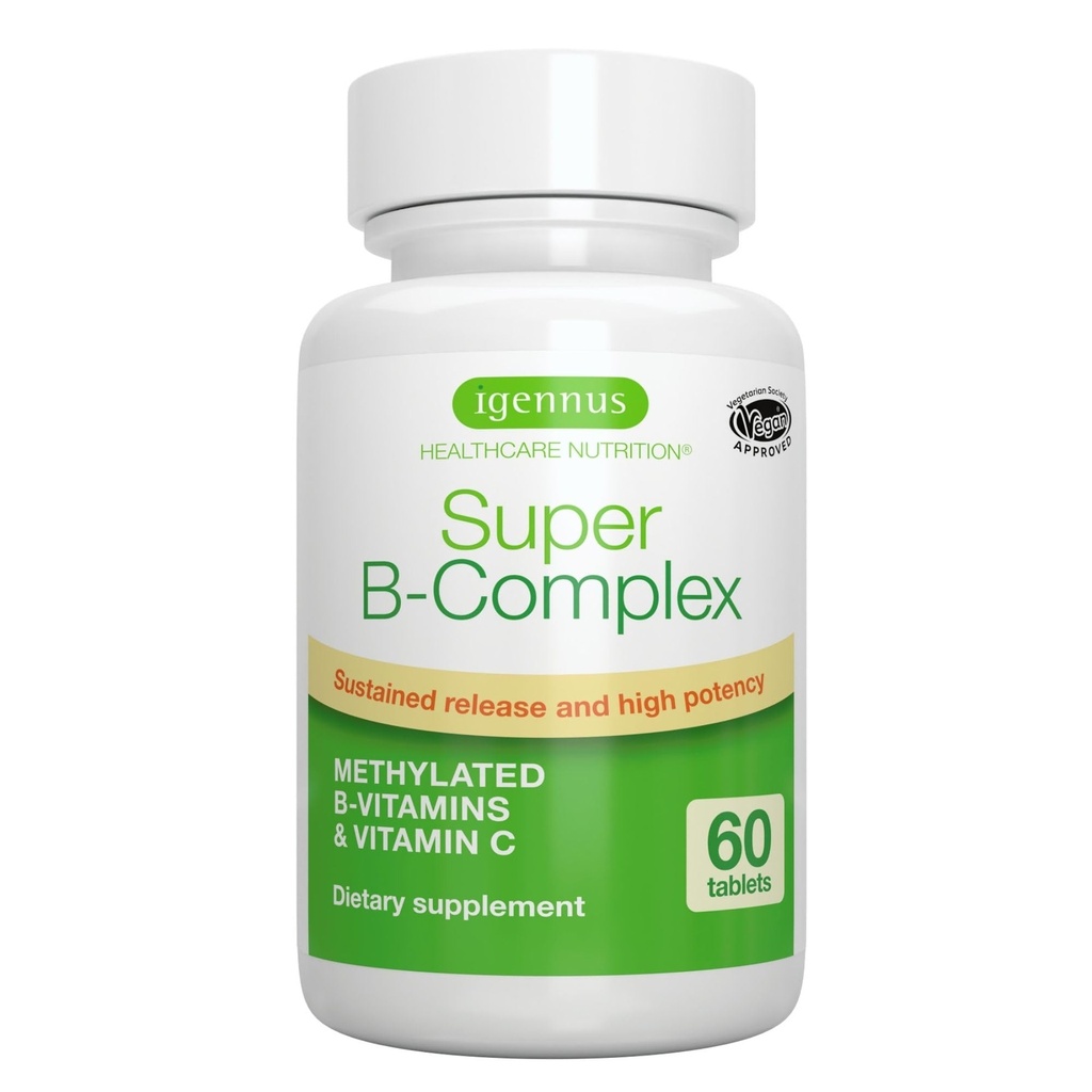 Igennus Super B-Komplex methylierte B-Vitamine - Nachhaltige Freisetzung, saubere Etikette und hohe Absorption, mit 5-MTHF Folat & Methyl B12, Energie, Stimmung & kognitive Leistung, Labor verifiziert, 60 kleine Tabletten