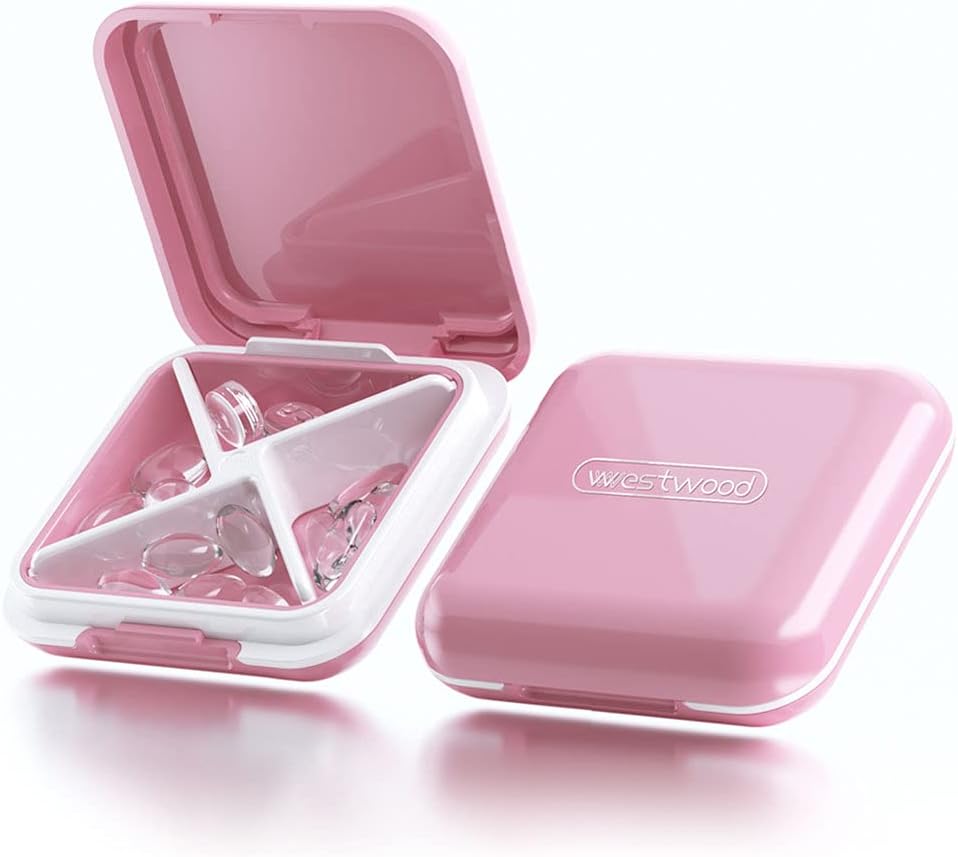 Kleine Pille Box, Reise Pille Fall, Dtouayz tragbare Medizin Organizer, Vitamin und Medikamente Spender, niedliche tägliche Pille Halter für Geldbeutel oder Tasche, Wasserdicht 4 Compartment Reisen Pille Container Pink