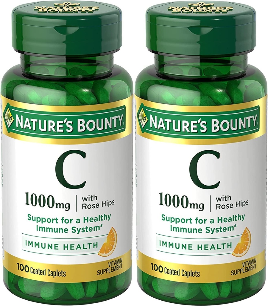 Nature's Bounty Vitamin C + Rose Hips, Immununterstützung, 1000mg, Beschichtete Caplets, 100 Ct - Pack von 2