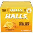 HALLS Cough und Throat Relief Honig Zitronen Cough Drops, 20 Sticks von 9 (180 Total Drops)