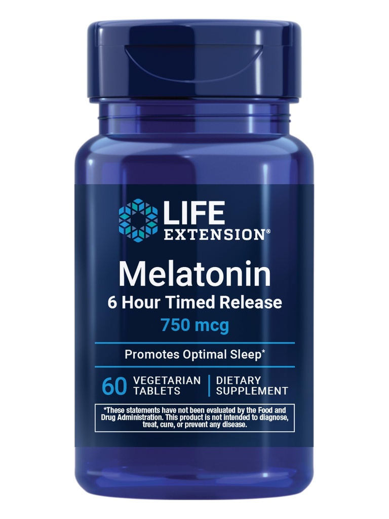 Life Extension Melatonin 6 Hour Timed Release, 750 mcg, Extended-Release Formula for Gentle Sleep Support, Healthy circadian Rhythms, Cellular Defense, Gluten-Free, Non-GMO, Vegetarian, 60 Tabletten