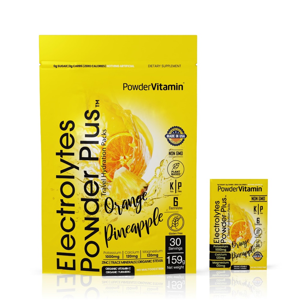 PolvereVitamin Electrolytes Powder Plus, Keto, Ananas arancio, senza zucchero, 1000 mg di potassio, 120 mg di calcio, 120 mg di magnesio, non OGM, Calorie zero, 30 pacchetti di idratazione