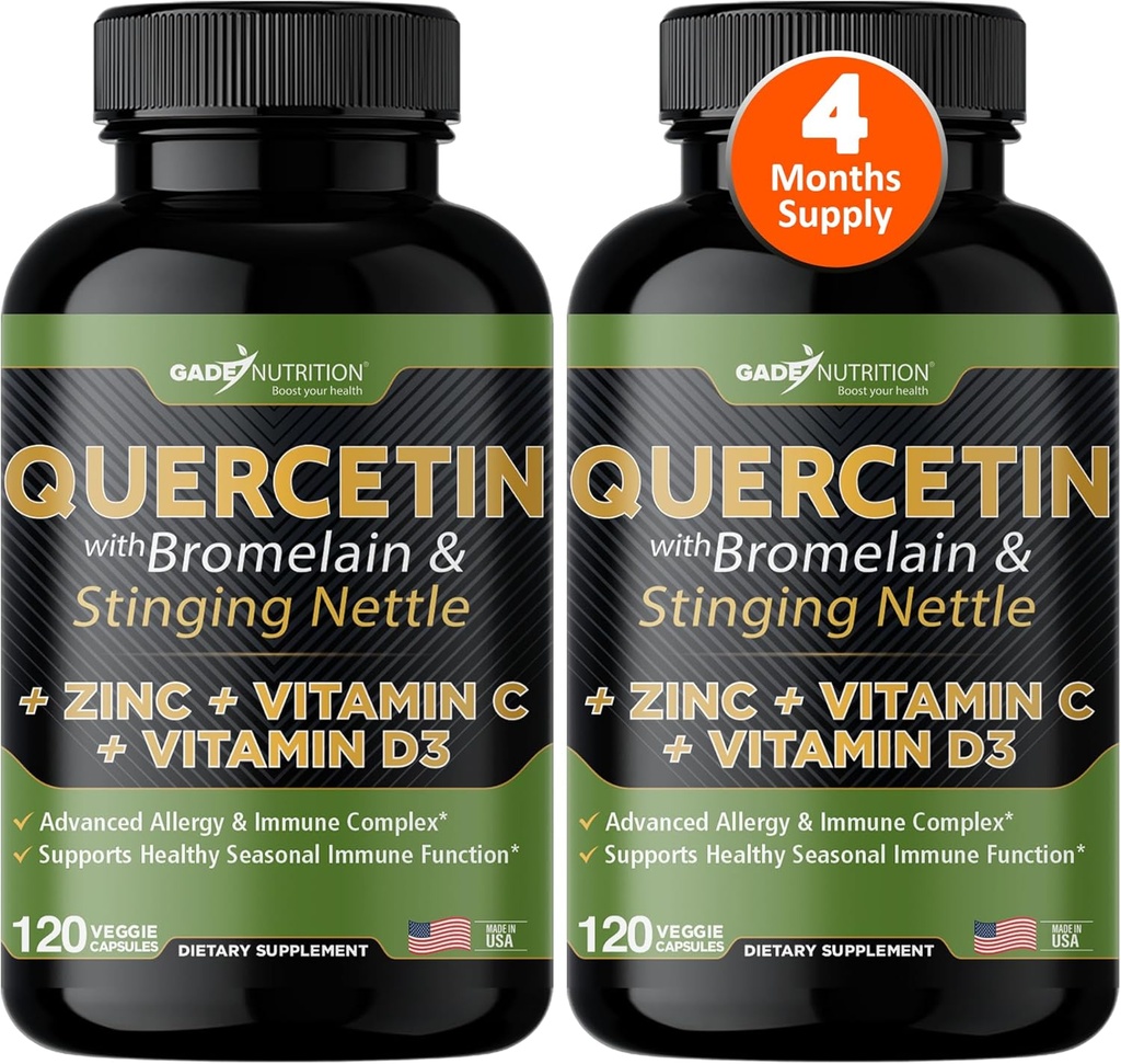 Gade Nutrition Quercetin con Vitamina C e Zinco - Nettle Quercetin - Quercetin 500mg - Quercetin con Bromelain - Zinc Quercetin + Vitamina D3-240 Veggie Caps - Non-GMO - Alimentazione 4 Mesi