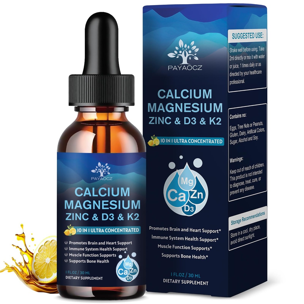 (2 Pack) 10 in 1 Magnesio Calcium Zinc Supplemento con vitamina C D3 K2, Glycinate Mag Vegan Liquid Drops Plus L-teanina Boron Sea Moss Extract, Immune Support, Bone, Sleep & Leg Cramps, 1 Fl Oz