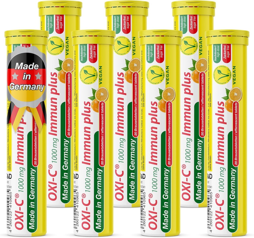T&D Oxi C 1000 mg Vitamin C - 140 Vegan Drink Effervescent Tablets - Arancione Flavor - Made in Germany