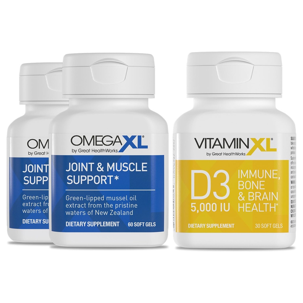 Integratore di supporto congiunto OmegaXL - Supporto muscolare naturale/immune, 60 Softgels (2 Pack) & VitaminXL D3 Alta potenza Vitamina giornaliera D 5000 IU 125mcg Supplemento (30 Softgels)