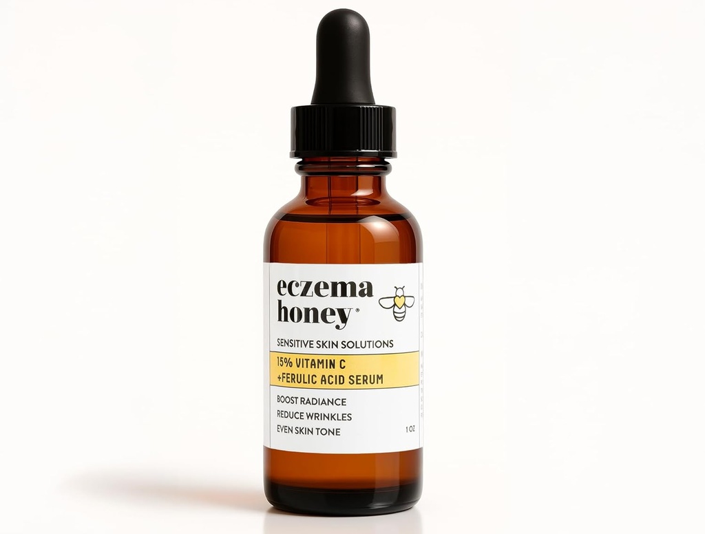 ECZEMA HONEY 15% Vitamine C + Sérum Acide Ferulique - Anti vieillissement Produits de soins de la peau - Huile de visage pour la peau Eczéma, sèche et sensible (1 Oz)