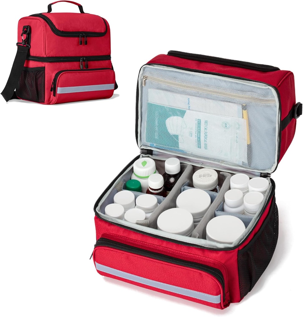 CURMIO Double Layers Medicine Aufbewahrungstasche, Pill Bottle Organizer Tasche mit Inner Dividers, Medication Reisetasche für Vitamine, Ergänzungen, Rezept Flaschen, medizinische Versorgung, Rot (Patent Design)