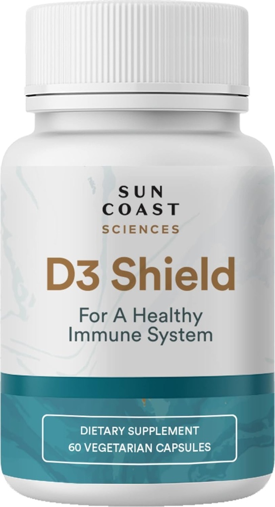 Sun Coast Sciences D3 Shield - Vitamine D3 5000 UI pour le soutien immunitaire et la santé des os 60 Capsules végétariennes K2 avec 180 mg de carbonate de calcium Absorption maximale