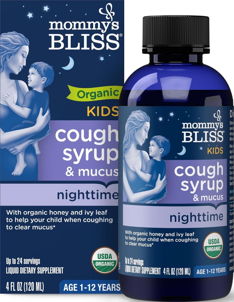 Mami's Bliss Organic Kids Cough Syrup & Mucus Relief für Nacht, Agave & Honey, Ivy Leaf, Zink, Vitamin C, +Herbal Nighttime Blend, 4 Fl z