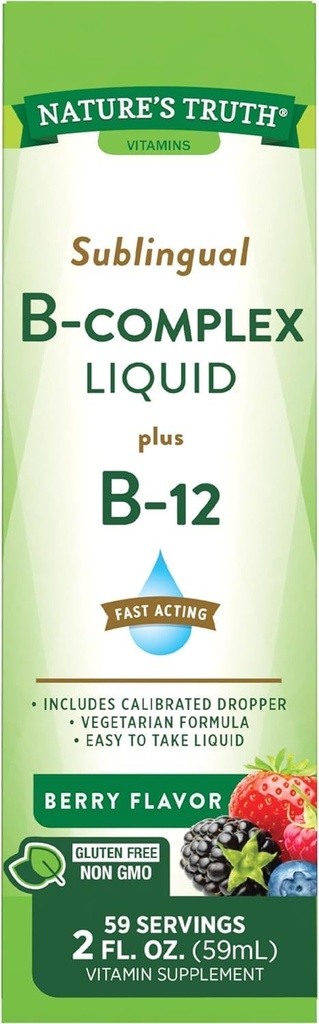 Nature's Truth Sublingual B Complex Liquid Plus B-12 Natural Berry Flavor Liquid - 2 oz, Pack of 2