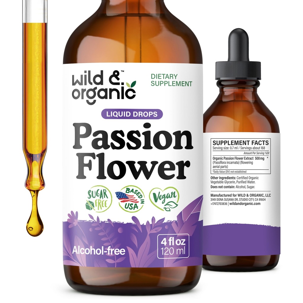 Teinture de fleurs de la passion sauvage et biologique - Support d'humeur - Supplément de fleurs de la passion calmante - Extrait liquide de Passiflora Incarnata - gouttes d'herbe végétalienne, sans sucre et sans alcool - 4 fl oz
