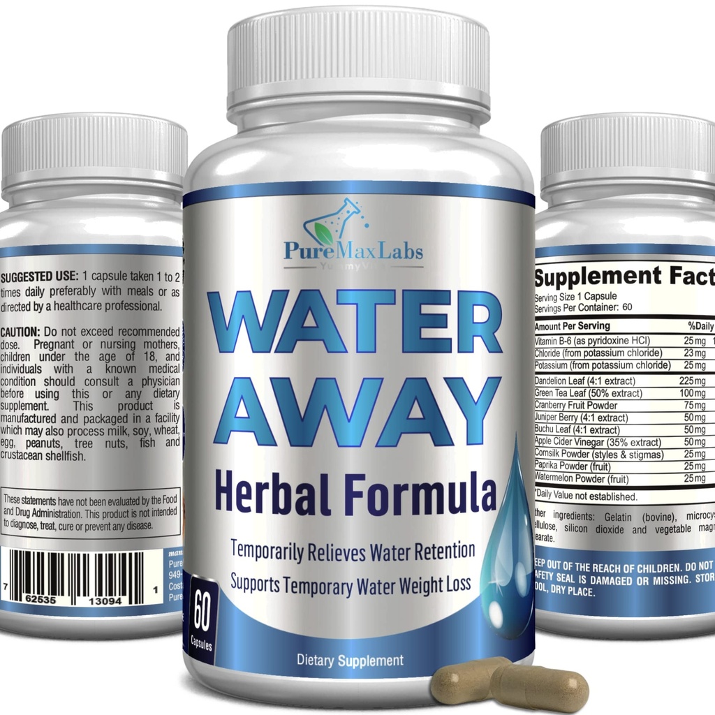 Wasser Away Gentle Herbal Diuretic - Natürliche diuretische Wasser Pillen - Linderung Bloating, Reduzieren überschüssiges Wasser Gewicht mit Dandelion Blatt, Grüner Tee, Detox Cleanse & Urinary Health. Nicht-GVO, 60 Kapseln